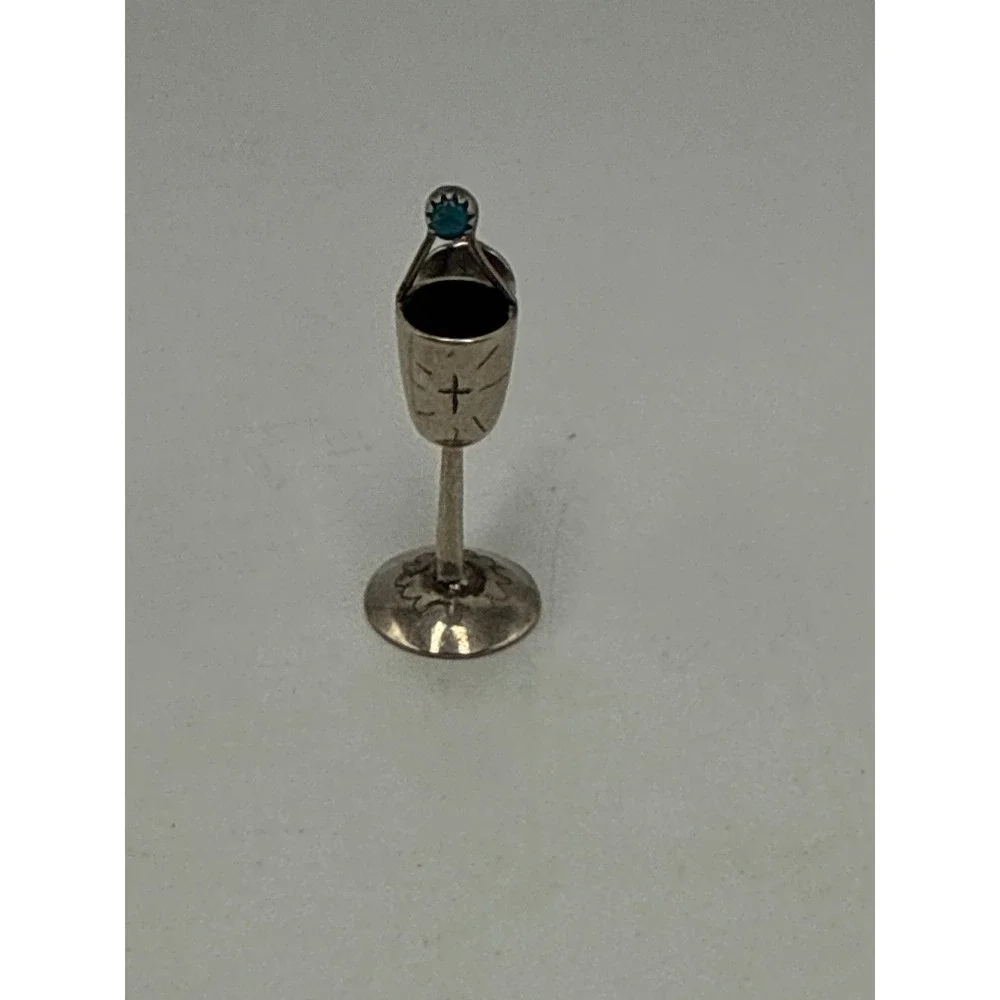 Sterling Silver Chalice Lapel Pin Turquoise Stone Southwest Cross Goblet Vintage